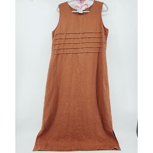 Vintage Uniform John Paul Richard 100% Linen Maxi Dress Rust Pleated Lagenlook L